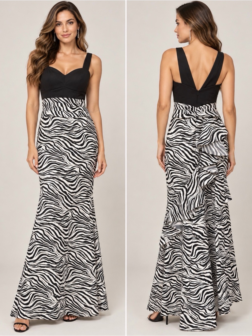 Elegant Zebra-Print Ruffle Maxi Dress - Black & White